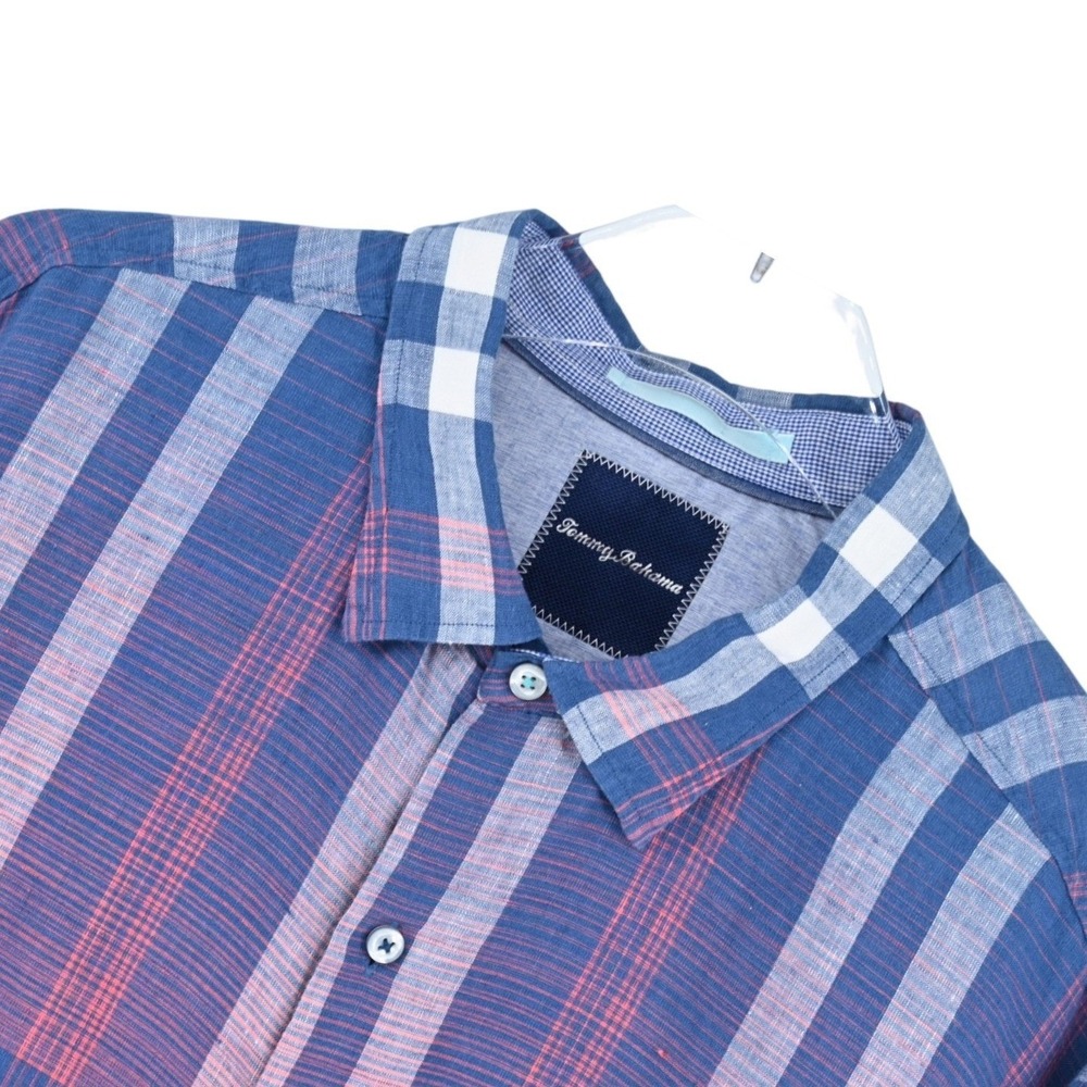 Tommy Bahama Mens XL Linen Cotton Plaid Shirt Coastal Resort Relaxed Luxe Blue - Picture 1 of 16
